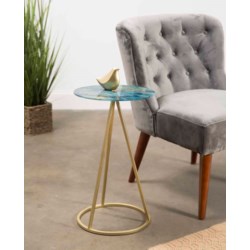 Savannah Accent Table in Gold with Glass Top in Stormy Finish